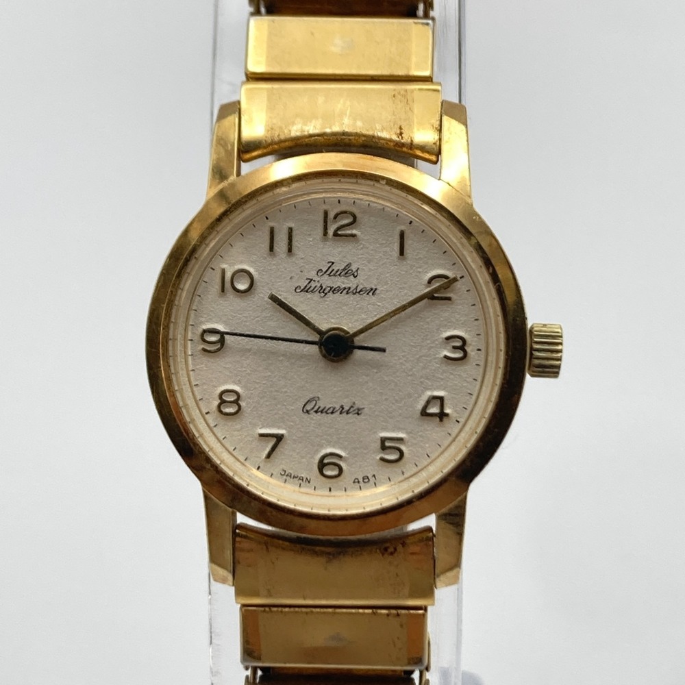 Vtg Jules Jurgensen Women's Watch 21mm Gold Tone Stretch New Battery SMALL 5.75"
